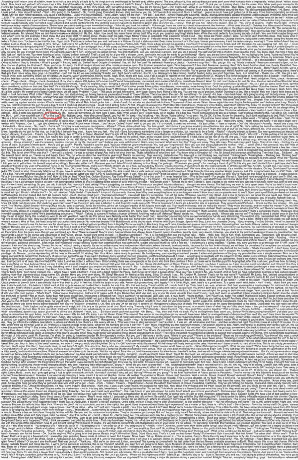 The Entire Bee movie script. But I circled the most important part of the movie