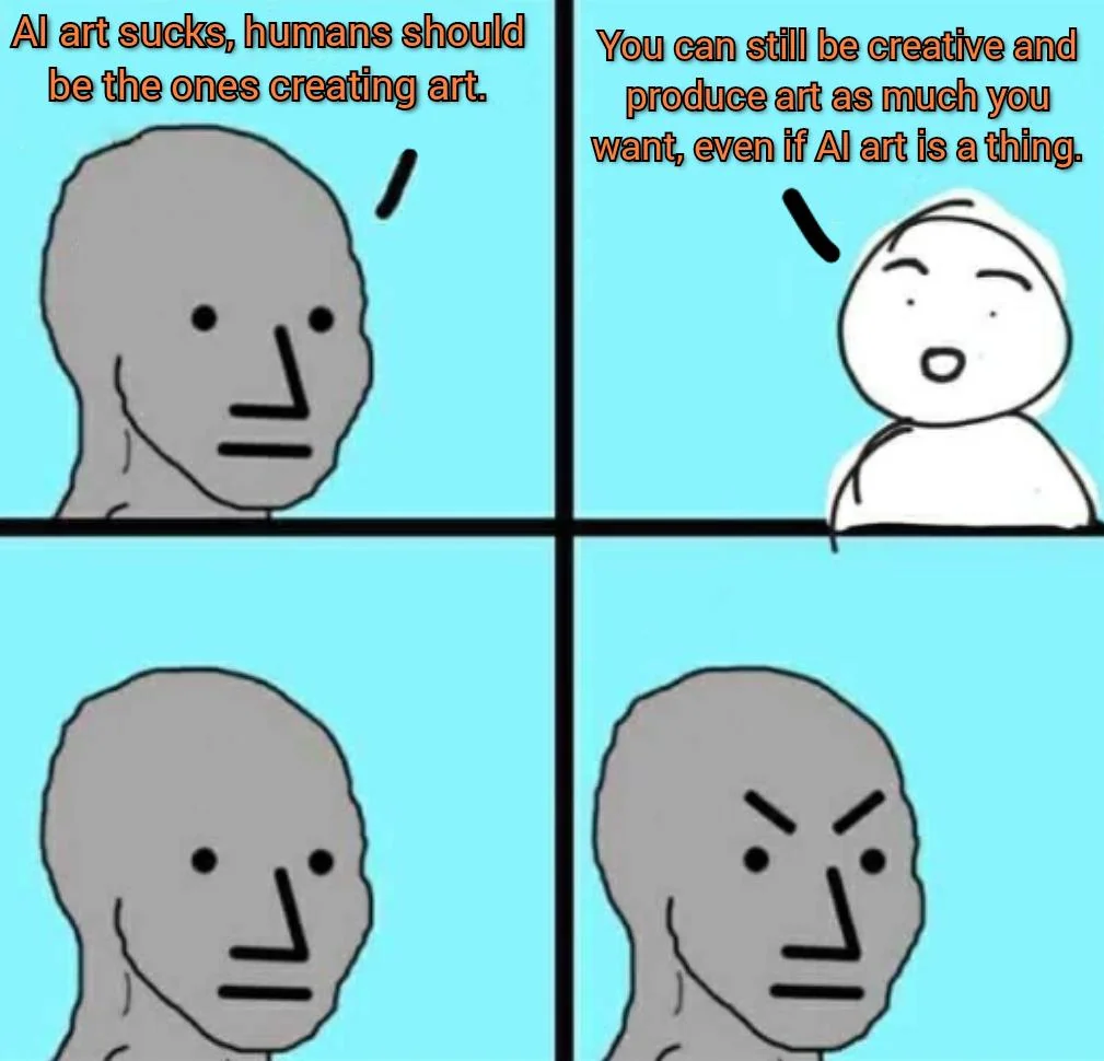Why people think that they can't create art because there is AI art? They might not get paid for it, but no one ever actually say that, because that would make them sound creedy. People just talk about not being able to be creative, and how art is part of human nature.